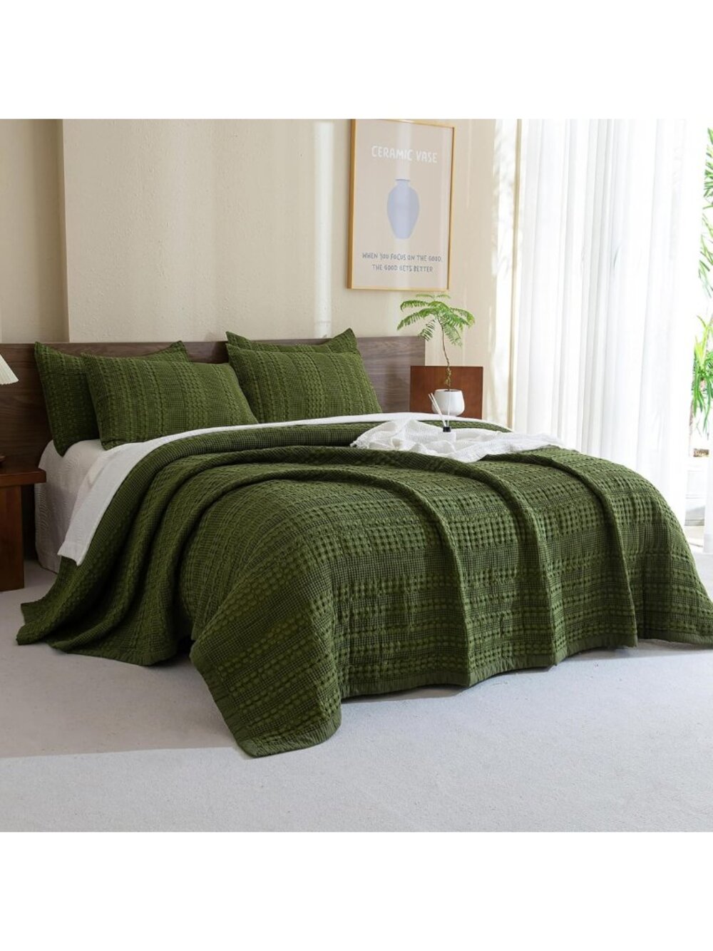 Olive Green Waffle Weave Quilt Set Queen Size - 3PC Boho Farmhouse Bedding Set